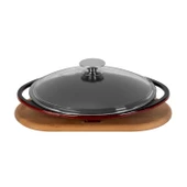 Lava Döküm Yuvarlak Saç Kavurma Tavası Döküm Demir Yekpare Çift Kulplu Cam Kapaklı Kayın Servis Ahşabı Çap(Ø)28cm.-Bordo thumbnail 1