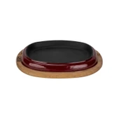 Lava Döküm Oval Fajita Tabağı Kayın Servis Ahşabı Ölçü 12x19cm.-Bordo - 1