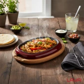 Lava Döküm Oval Fajita Tabağı Kayın Servis Ahşabı Ölçü 12x19cm.-Bordo - 7