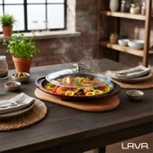 Lava Döküm Yuvarlak Saç Kavurma Tavası Döküm Demir Yekpare Çift Kulplu Cam Kapaklı Kayın Servis Ahşabı Çap(Ø)28cm.-Bordo thumbnail 7