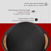 Lava Döküm Yuvarlak Saç Kavurma Tavası Döküm Demir Yekpare Çift Kulplu Cam Kapaklı Kayın Servis Ahşabı Çap(Ø)28cm.-Bordo thumbnail 6