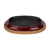 Lava Döküm Oval Fajita Tabağı Kayın Servis Ahşabı Ölçü 26x19cm.-Bordo - 1