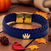 14 Ayar Altın Plakalı Harfe Özel Hakiki Lacivert Derili Taç Figürlü Hediye Bileklik-517 thumbnail 1