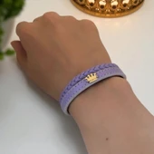 14 Ayar Altın Plakalı İsme Özel Taç Motifli Hakiki Mor Derili Hediye Bileklik-516 thumbnail 2