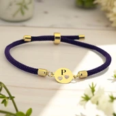 14 Ayar Altın Plakalı Harfe Özel Koyu Mor İpek Örgülü Kalp Detaylı Oval Motifli Hediye Bileklik-518 thumbnail 1
