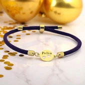 14 Ayar Altın Plakalı İsme Özel Kalp Detaylı Oval Motifli Koyu Mor İpek Örgülü Hediye Bileklik-518 thumbnail 1