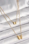 316L Çelik Gold Renk 2'Li Simli Kelebek Model Kadın Kolye thumbnail 1