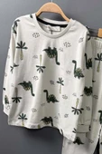 Erkek Çocuk Üzeri Palmiye Ağacı ve Dinazor Baskılı Krem Pijama Takımı thumbnail 2