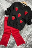 Kız Çocuk Üzeri Çilek Figürlü 3 İplik Kazak Bol Kesim Skuba Kumaş Kırmızı Alt Üst Takım - 3