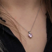 Gümüş Pembe Taşlı Kalpli Kadın Kolye thumbnail 4