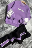 Kız Çocuk Kollarında ve Göğsünde Girl Yazı Detaylı Lila Sweat Şerit Detaylı Eşofman Takım thumbnail 3