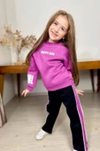 Kız Çocuk Kollarında ve Göğsünde Girl Yazı Detaylı Mor Sweat Şerit Detaylı Eşofman Takım thumbnail 1