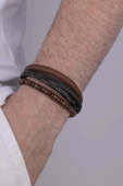 Gümüş Pazarım Kahve Siyah Detaylı  Erkek Doğal Taş Deri Bileklik Kombini - 1