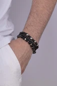 Gümüş Pazarım Oniks Hematit Taşlı Örgü Deri Erkek Deri Bileklik Kombini thumbnail 1