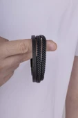 Gümüş Pazarım Örgü Model 3 Parçalı Siyah Erkek Deri Bileklik thumbnail 2