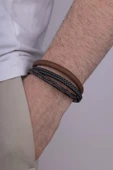 Gümüş Pazarım Kahve Geçişli 3 Parçalı Erkek Deri Bileklik - 1