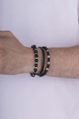 Gümüş Pazarım Oniks Hematit Taşlı Örgü Deri Erkek Deri Bileklik Kombini thumbnail 2