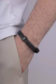 Gümüş Pazarım İşlemeli Model Çift Sıra Siyah Renk Erkek Deri Bileklik thumbnail 1