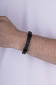 Gümüş Pazarım İşlemeli Model Çift Sıra Siyah Renk Erkek Deri Bileklik thumbnail 3