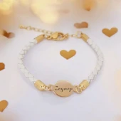 14 Ayar Altın Plakalı İsme Özel Oval Figürlü Doğal Beyaz Derili Hediye Bileklik-529 thumbnail 1