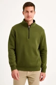 Erkek Dik Yaka Sweatshirt Dik Yaka Yarım Fermuarlı 3 İplik Şardonlu Pamuk Kumaş - Haki - 1