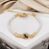 14 Ayar Altın Plakalı Burca Özel Oval Figürlü Doğal Beyaz Derili Hediye Bileklik-529 thumbnail 1