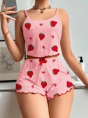 Kadın Pembe Çilek desenli Şortlu Pijama Takımı 5056 - 2