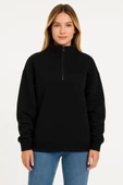 Üç İplik Dık Yaka Yarım Fermuarlı SweatShirt - Siyah - 4