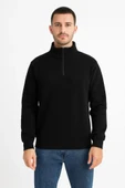 Erkek Dik Yaka Sweatshirt Dik Yaka Yarım Fermuarlı 3 İplik Şardonlu Pamuk Kumaş - Siyah thumbnail 2