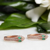 BlackCraft Gümüş Yeşil Gözlü Yılan Halka Küpe (BC-8CE634) thumbnail 3