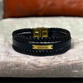 14 Ayar Altın Plakalı İsme Özel Dikdörtgen Motifli Hakiki Siyah Derili Hediye Bileklik-530 thumbnail 1