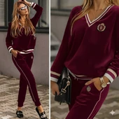 Kadın Uzun Kollu V Yaka Yakası Ve Kol Ağzı şerit Detay Kadife Takım thumbnail 1