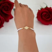 14 Ayar Altın Plakalı İsme Özel Oval Figürlü Doğal Beyaz Derili Hediye Bileklik-529 thumbnail 2