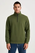 Erkek Dik Yaka Sweatshirt Dik Yaka Yarım Fermuarlı 3 İplik Şardonlu Pamuk Kumaş - Haki - 2