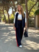 Kadın Hakim Yaka şerit Detay Hırka Ve Bol Paça Pantolon Ikili Takım - 5