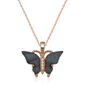 BlackCraft Gümüş Rose Antrasit Kaplangözü Taşlı Kelebek Kolye (BC-2A3B08) thumbnail 1