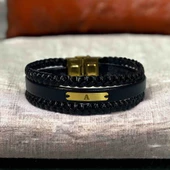 14 Ayar Altın Plakalı Harfe Özel Hakiki Siyah Derili Dikdörtgen Motifli Hediye Bileklik-530 thumbnail 1