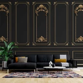 3 Boyutlu Saray Siyah Düz Panel Altın Motif Duvar Kağıdı Baskı thumbnail 1