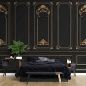 3 Boyutlu Saray Siyah Düz Panel Altın Motif Duvar Kağıdı Baskı thumbnail 2