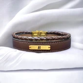 14 Ayar Altın Plakalı Harfe Özel Hakiki Kahverengi Derili Dikdörtgen Figürlü Hediye Bileklik-531 thumbnail 1