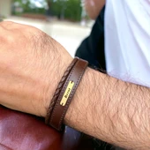 14 Ayar Altın Plakalı İsme Özel Dikdörtgen Figürlü Hakiki Kahverengi Derili Hediye Bileklik-531 thumbnail 2
