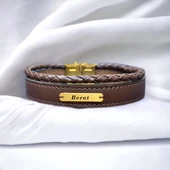 14 Ayar Altın Plakalı İsme Özel Dikdörtgen Figürlü Hakiki Kahverengi Derili Hediye Bileklik-531 thumbnail 1