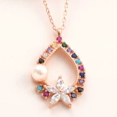 BlackCraft 925 Ayar Gümüş Rose Renkli Taşlı Çiçekli Kadın Kolye (BC-B18409) thumbnail 1