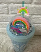 PİPETLİ BARDAK MATARA SEVİMLİ SULUK 450 ml ÇİFT KATMANLI KALPLİ PULLU - 1