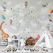 Hayvanlar ve Dünya Haritası Çocuk Odası Duvar Kağıdı thumbnail 1