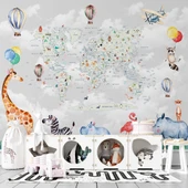 Hayvanlar ve Dünya Haritası Çocuk Odası Duvar Kağıdı thumbnail 2