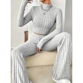 Lucky Life Kadın Uzun Kollu Balıkçı Yaka Krop Ve Pantolon şardonlu Kaşkorse Ikili Takım - 5