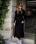 Lucky Life Kadın Uzun Kollu Bisiklet Yaka Arkası çapraz Detaylı Viskon Iki Iplik Maxi Elbise thumbnail 3