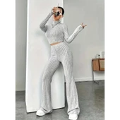 Lucky Life Kadın Uzun Kollu Balıkçı Yaka Krop Ve Pantolon şardonlu Kaşkorse Ikili Takım - 1