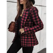 Lucky Life Kadın Uzun Kollu Yakalı Kare Desenli Ekoseli Düğmeli Ceket - 2